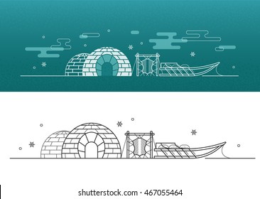 Vector eskimo historical house, traditional building, igloo. Winter Arctic polar line illustration. 