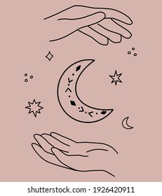 Vector esoteric card with woman hands, crescent, moon and stars