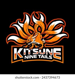 Vector e-sport logo illustration of japanese Kitsune nine Tailed Fox