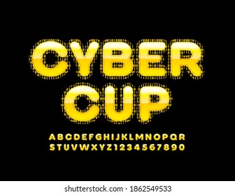 Vector esport poster Cyber Cup. Yellow Digital Font. Glossy Techno Alphabet Letters and Numbers set