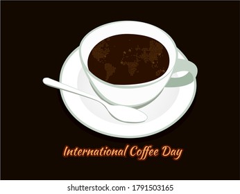 A vector espresso with a crema that forms a map of the world, with color gradations that match the color of the brewed coffee, perfect as an image to greet international coffee day