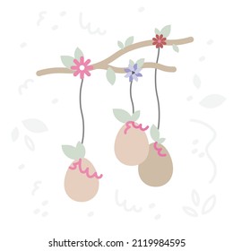 Vector ester cute flat Illustration with composition of twigs and easter eggs, leafs, flowers and simple doodle on white background for card or print.