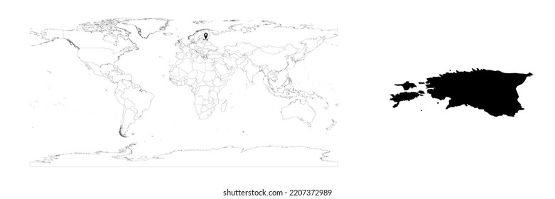 Vector Estonia map showing country location on world map and solid map for Estonia on white background. File is suitable for digital editing and prints of all sizes.