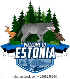 Vector Estonia woodland forest emblem with wolf, boar and 
roe deer