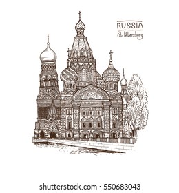 Vector etching illustration. Tourist showplace. Church of the Resurrection of Christ or Church of Our Savior on Spilled Blood in St. Petersburg, Russia