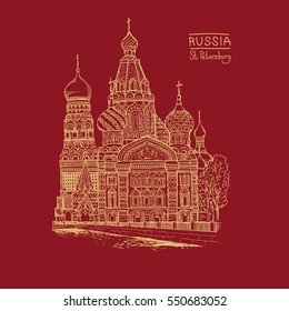 Vector etching illustration. Tourist showplace. Church of the Resurrection of Christ or Church of Our Savior on Spilled Blood in St. Petersburg, Russia