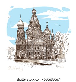 Vector etching illustration. Tourist showplace. Church of the Resurrection of Christ or Church of Our Savior on Spilled Blood in St. Petersburg, Russia
