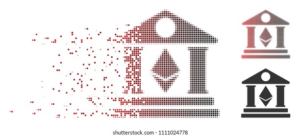 Vector Ethereum bank building icon in dispersed, pixelated halftone and undamaged whole versions. Disintegration effect uses rectangle particles and horizontal gradient from red to black.
