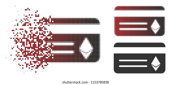 Vector Ethereum banking card icon in fractured, dotted halftone and undamaged whole variants. Disintegration effect uses square particles and horizontal gradient from red to black.