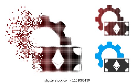 Vector Ethereum banknote options gear icon in dispersed, dotted halftone and undamaged entire variants. Disappearing effect uses square particles and horizontal gradient from red to black.