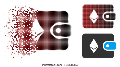 Vector Ethereum billfold icon in dissolved, dotted halftone and undamaged entire variants. Disintegration effect uses rectangular dots and horizontal gradient from red to black.