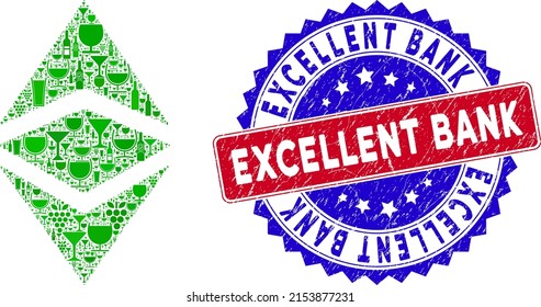 Vector Ethereum Klassiker Symbol Weincollage und Grunge Bicolor Excellent Bank Stempel. Rote und blaue, bicfarbene Stempel mit Grunge-Oberfläche und exzellente Phrase der Bank.