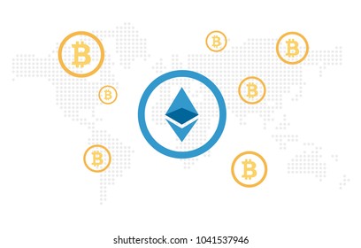 Vector of Ethereum Currency Network on a world map including Bitcoin