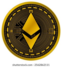 Vector of Ethereum Digital Currency in gold and black colors on a white background.