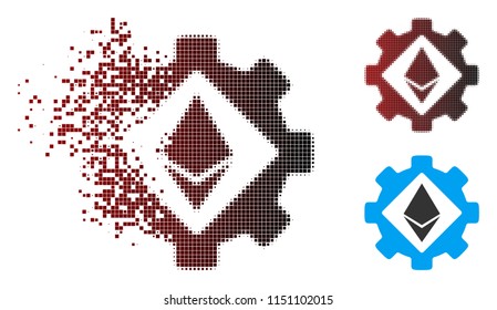 Vector Ethereum options gear icon in sparkle, dotted halftone and undamaged solid variants. Disappearing effect involves square sparks and horizontal gradient from red to black.