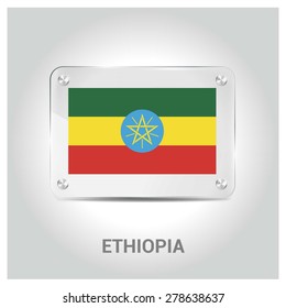 Vector Ethiopia Flag glass plate with metal holders - Country name label in bottom - Gray background vector illustration