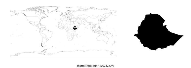 Mapa vectorial de Etiopía que muestra la ubicación del país en el mapa del mundo y un mapa sólido para Etiopía sobre fondo blanco. El archivo es adecuado para la edición digital y las impresiones de todos los tamaños.