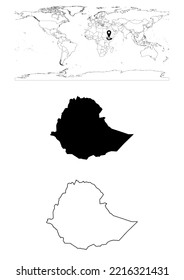 Karte von Äthiopien, Karte von Äthiopien, die die Lage des Landes auf der Welt mit soliden Landkarten und Skizzen für Äthiopien auf weißem Hintergrund zeigt. Die Datei eignet sich für die digitale Bearbeitung und Drucke aller Größen.