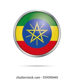 Vector Ethiopian flag button. Ethiopia flag glass button style with metal frame.