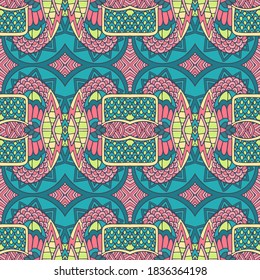 Resumen étnico vectorial Resumen Patrón vintage sin costura ornamental. Ilustración vectorial. Tejidos de tejido de corte de diseño de doodle de color estilizado