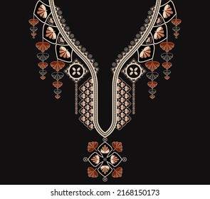 Vector ethnic African neckline pattern red-gold color flower shape design on black background. Elegant tribal art for shirts.