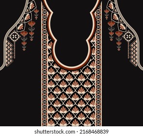 Vector ethnic African neckline pattern red-gold color flower shape design on black background. Elegant tribal art for shirts.