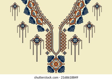 Vector ethnic African neckline pattern vintage color flower shape design on white cream background. Elegant tribal art for shirts.