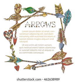 Vector ethnic arrows frame. Hand-drawn tribal arrows on white background. Boho and hippie style illustration.