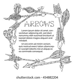 Vector ethnic arrows square frame. Black doodles tribal arrows on white background. Duotone illustration. Boho and hippie hand-drawn style.