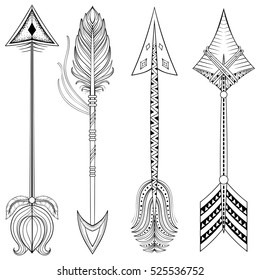 Vector ethnic Arrows in zentangle design,concept. Hand drawn American illustration for t-shirt tribal print. Henna black tattoo art.