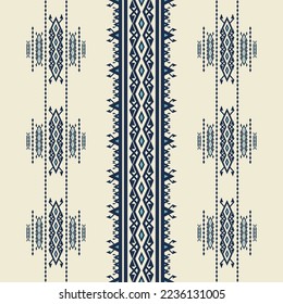 Vector ethnic aztec blue color neckline embroidery geometric pattern on white cream background. Tribal art fashion for shirts. Ethnic tribal border seamless pattern.