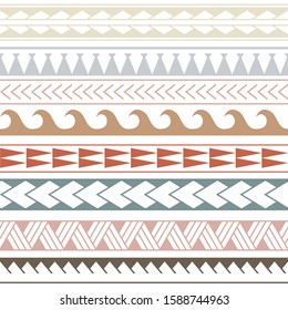 Vector ethnic boho seamless pattern in maori style. Geometric border with decorative ethnic elements. Pastel colors horizontal pattern.