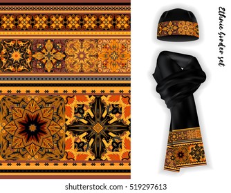 Vector ethnic border set. Bright orange black colors mandala flowers pattern. Floral decorative border on black warm knitted cap and scarf mock up.