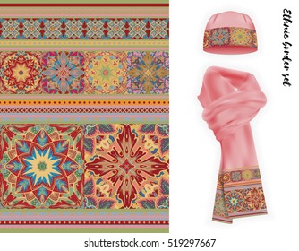 Vector ethnic border set. Brown red colors mandala flowers pattern. Floral decorative border on pink warm knitted cap and scarf mock up.