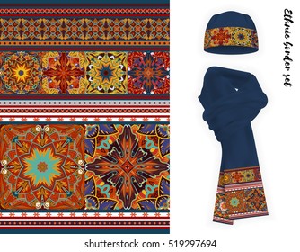 Vector ethnic border set. Hot eastern colors mandala flowers pattern. Floral decorative border on dark blue warm knitted cap and scarf mock up.