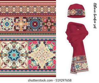 Vector ethnic border set. Pastel pink beige blue colors mandala flowers pattern. Floral decorative border on vinous warm knitted cap and scarf mock up.