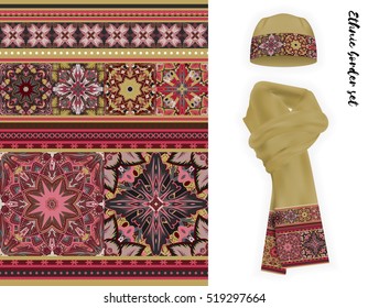 Vector ethnic border set. Pink brown colors mandala flowers pattern. Floral decorative border on beige warm knitted cap and scarf mock up.
