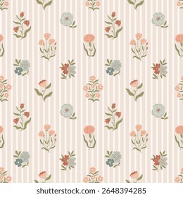 Vector ethnic botanical seamless pattern. Grandmillennial vintage bouquets on beige striped background. Floral elegance boho print design for fabric, wallpaper or wrapping paper.