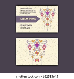 Vector ethnic business card template with tribal geometric element.