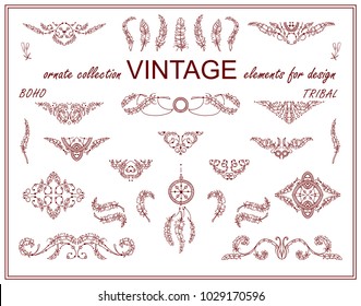 Vector ethnic calligraphic elements for design. Boho ornate wave triangles, dividers, borders and squares. Hand drawn sketch feathers, beads, tribal dreamcatcher. Vintage style, sepia color