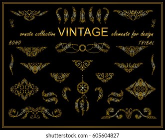 Vector ethnic calligraphic elements for design. Boho ornate wave triangles, dividers, borders and squares. Hand drawn sketch feathers, beads, tribal dreamcatcher. Vintage style, premium gold color 