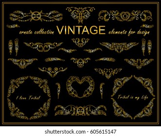 Vector ethnic calligraphic elements for design. Boho ornate wave triangles, dividers, borders and squares. Hand drawn sketch feathers, beads, tribal dreamcatcher. Vintage style, premium gold color 