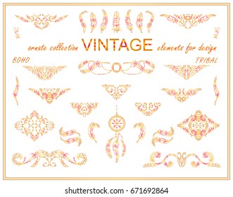 Vector ethnic calligraphic elements for design. Boho ornate wave triangles, dividers, borders and squares. Hand drawn sketch feathers, beads, tribal dreamcatcher. Vintage style, fire colors 