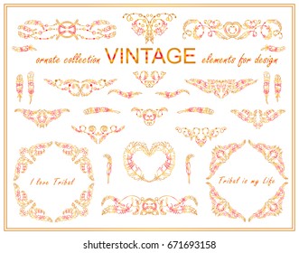 Vector ethnic calligraphic elements for design. Boho ornate wave triangles, dividers, borders and squares. Hand drawn sketch feathers, beads, tribal dreamcatcher. Vintage style, fire colors 
