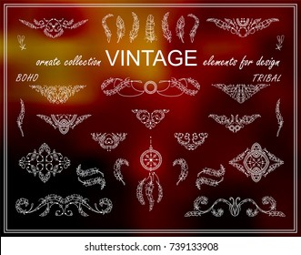 Vector ethnic calligraphic elements for design. Boho ornate wave triangles, dividers, borders and squares. Hand drawn sketch feathers, beads, tribal dreamcatcher. Vintage style, white line Set 1