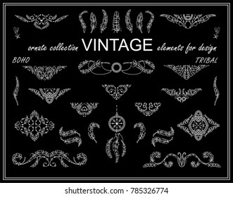 Vector ethnic calligraphic elements for design. Boho ornate wave triangles, dividers, borders and squares. Hand drawn sketch feathers, beads, tribal dreamcatcher. Vintage style, chalkboard