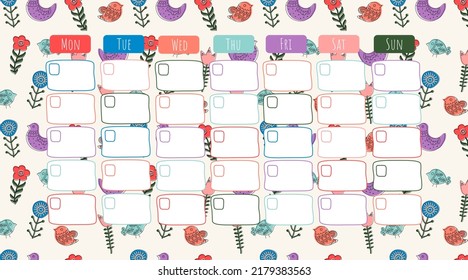 Vector ethnic cartoon hand drawn monthly planner, business and education concept