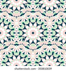 Vector ethnic colorful bohemian pattern in chic colors with abstract flowers. Geometric background with Scandinavian, Nordic, Russian, Slavic motif. Bold print with stars, mandalas, triangle, polygon