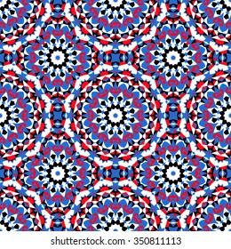 Vector ethnic colorful bohemian pattern in bright colors with big abstract flowers. Geometric background with Arabic, Indian, Moroccan, Aztec motifs. Bold print with stars, mandalas, triangle, polygon