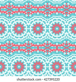 Vector ethnic colorful bohemian pattern in bright blue colors with big abstract flowers. Geometric background with Indian, Moroccan, Aztec ethnic motifs. Bold tribal print for spring summer fashion
